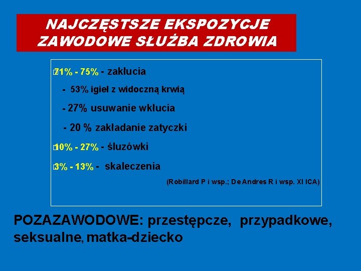 NAJCZĘSTSZE EKSPOZYCJE ZAWODOWE SŁUŻBA ZDROWIA � 71% - 75% - zakłucia - 53% igieł