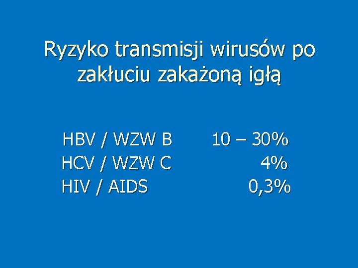 Ryzyko transmisji wirusów po zakłuciu zakażoną igłą HBV / WZW B HCV / WZW