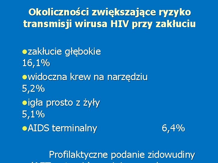 Okoliczności zwiększające ryzyko transmisji wirusa HIV przy zakłuciu zakłucie głębokie 16, 1% widoczna krew