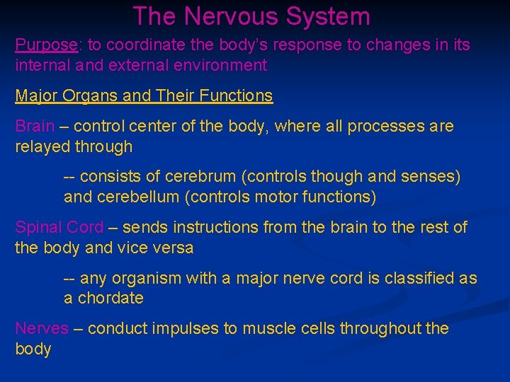 The Nervous System Purpose: to coordinate the body’s response to changes in its internal