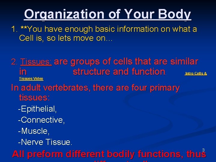 Organization of Your Body 1. **You have enough basic information on what a Cell