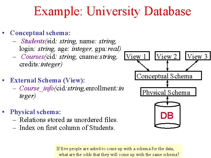Example: University Database • Conceptual schema: – Students(sid: string, name: string, login: string, age: