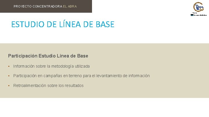 PROYECTO CONCENTRADORA EL ABRA ESTUDIO DE LÍNEA DE BASE Participación Estudio Línea de Base