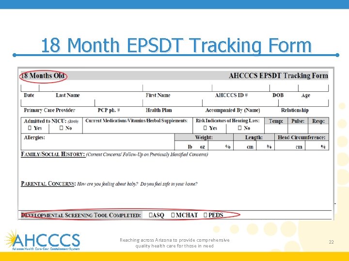 18 Month EPSDT Tracking Form Reaching across Arizona to provide comprehensive quality health care