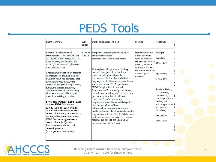 PEDS Tools Reaching across Arizona to provide comprehensive quality health care for those in