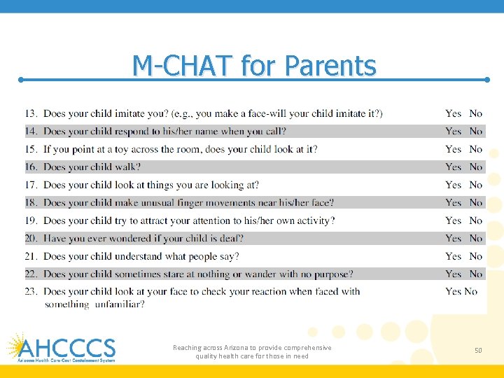 M-CHAT for Parents Reaching across Arizona to provide comprehensive quality health care for those