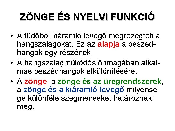 ZÖNGE ÉS NYELVI FUNKCIÓ • A tüdőből kiáramló levegő megrezegteti a hangszalagokat. Ez az ZÖNGE ÉS NYELVI FUNKCIÓ • A tüdőből kiáramló levegő megrezegteti a hangszalagokat. Ez az