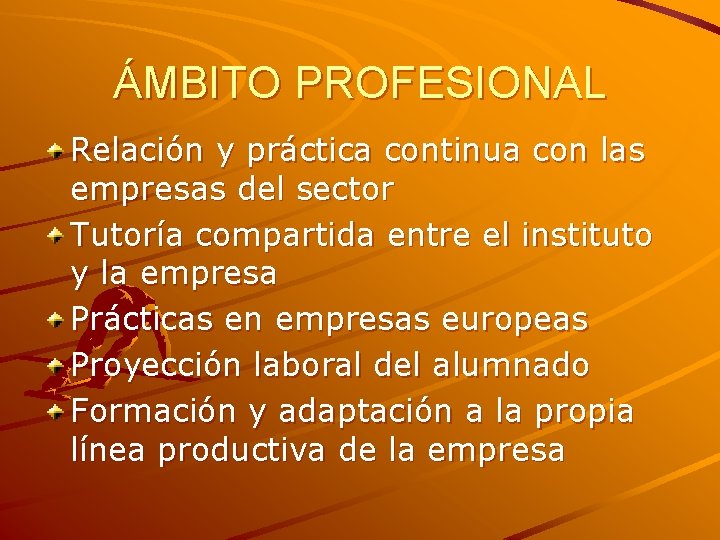 ÁMBITO PROFESIONAL Relación y práctica continua con las empresas del sector Tutoría compartida entre