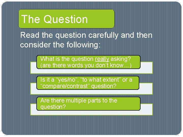 The Question Read the question carefully and then consider the following: What is the