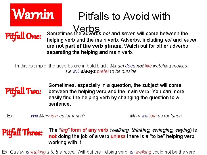 Warnin Pitfall g: One: Pitfalls to Avoid with Verbs Sometimes the adverbs not and