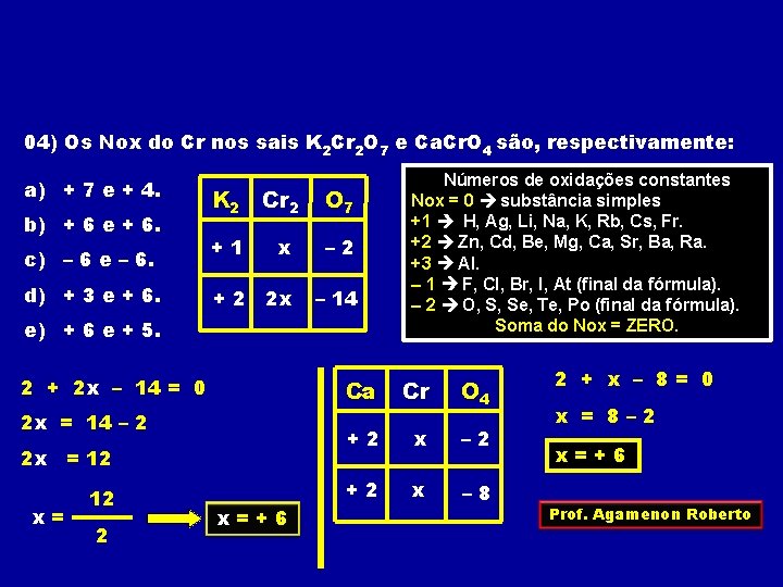 04) Os Nox do Cr nos sais K 2 Cr 2 O 7 e