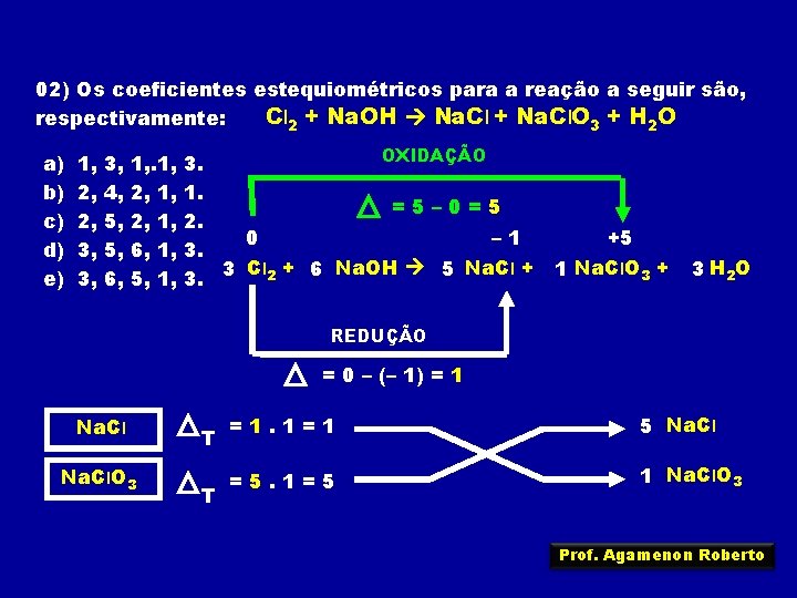 02) Os coeficientes estequiométricos para a reação a seguir são, Cl 2 + Na.