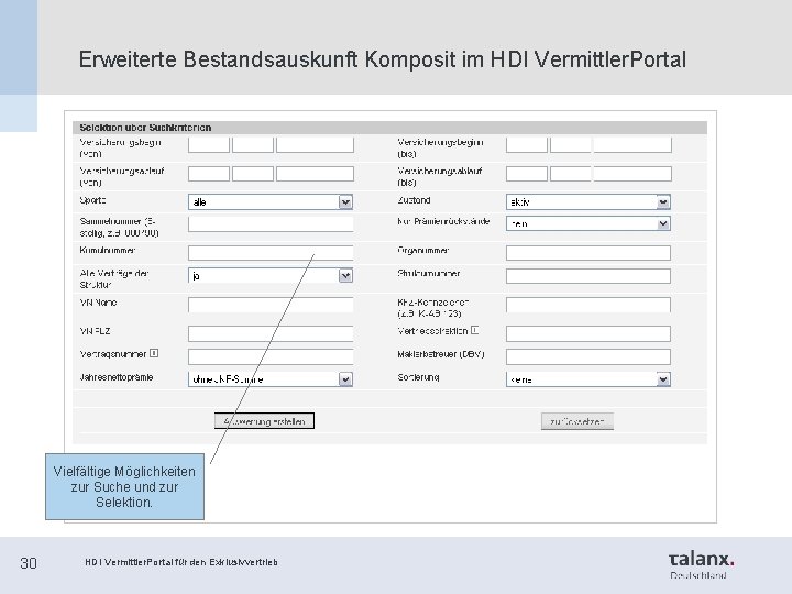 Erweiterte Bestandsauskunft Komposit im HDI Vermittler. Portal Vielfältige Möglichkeiten zur Suche und zur Selektion.