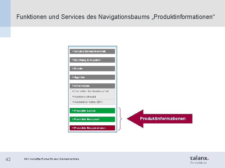 Funktionen und Services des Navigationsbaums „Produktinformationen“ Produktinformationen 42 HDI Vermittler. Portal für den Exklusivvertrieb