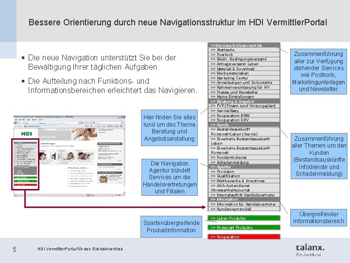 Bessere Orientierung durch neue Navigationsstruktur im HDI Vermittler. Portal § Die neue Navigation unterstützt