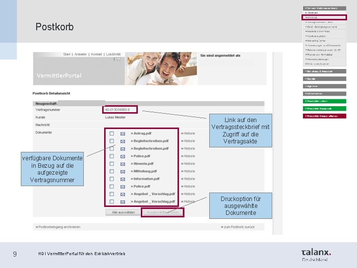 Postkorb Link auf den Vertragssteckbrief mit Zugriff auf die Vertragsakte verfügbare Dokumente in Bezug