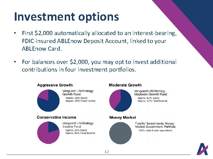 Investment options • First $2, 000 automatically allocated to an interest-bearing, FDIC-insured ABLEnow Deposit