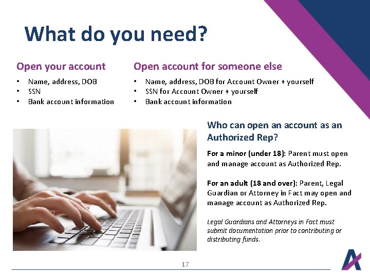 What do you need? Open your account • • • Name, address, DOB SSN