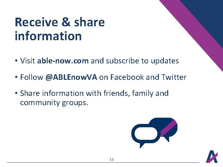 Receive & share information • Visit able-now. com and subscribe to updates • Follow Receive & share information • Visit able-now. com and subscribe to updates • Follow