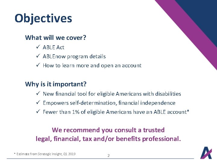 Objectives What will we cover? ü ABLE Act ü ABLEnow program details ü How Objectives What will we cover? ü ABLE Act ü ABLEnow program details ü How