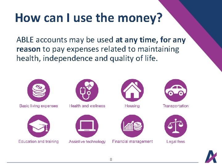 How can I use the money? ABLE accounts may be used at any time, How can I use the money? ABLE accounts may be used at any time,