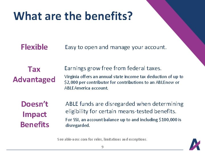 What are the benefits? Flexible Tax Advantaged Doesn’t Impact Benefits Easy to open and