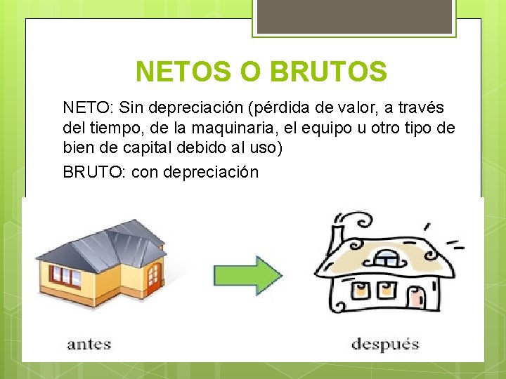 NETOS O BRUTOS NETO: Sin depreciación (pérdida de valor, a través del tiempo, de