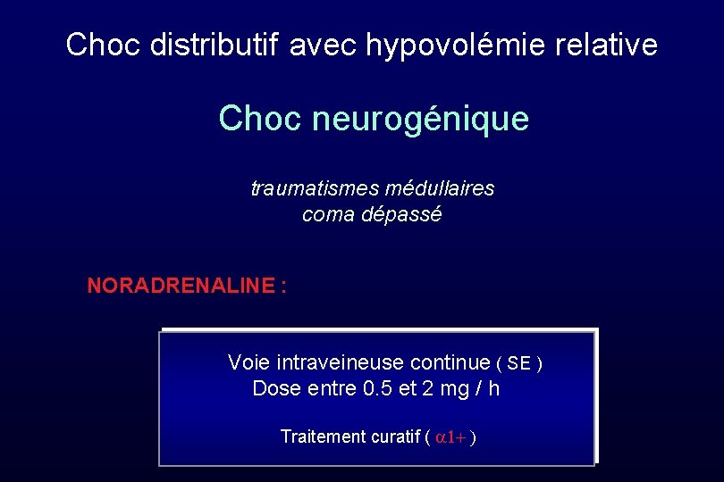 Choc distributif avec hypovolémie relative Choc neurogénique traumatismes médullaires coma dépassé NORADRENALINE : Voie