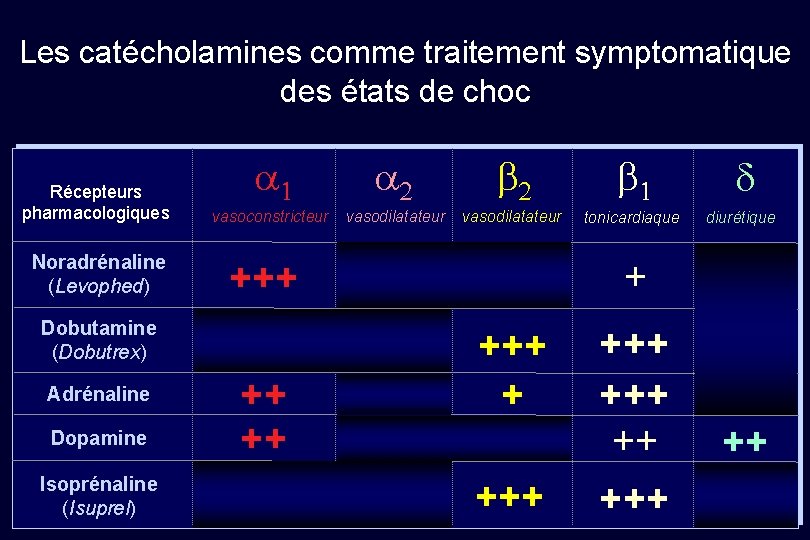 Les catécholamines comme traitement symptomatique des états de choc Récepteurs pharmacologiques Noradrénaline (Levophed) d