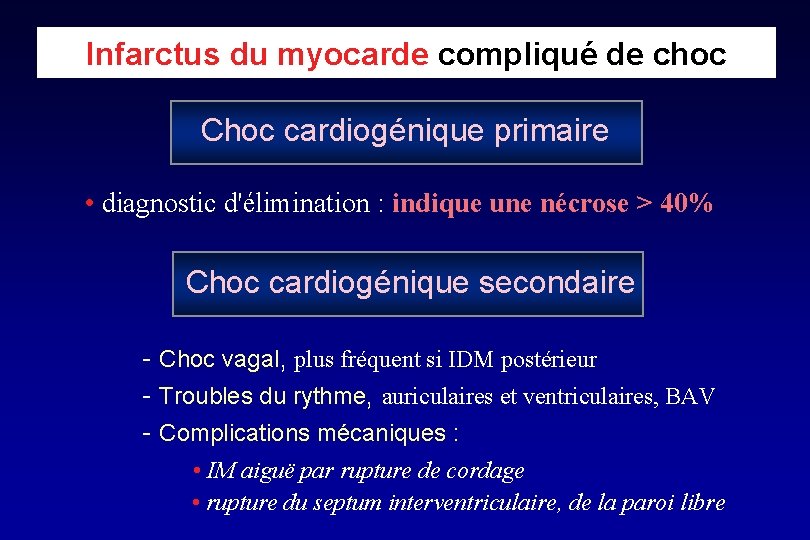 Infarctus du myocarde compliqué de choc Choc cardiogénique primaire • diagnostic d'élimination : indique