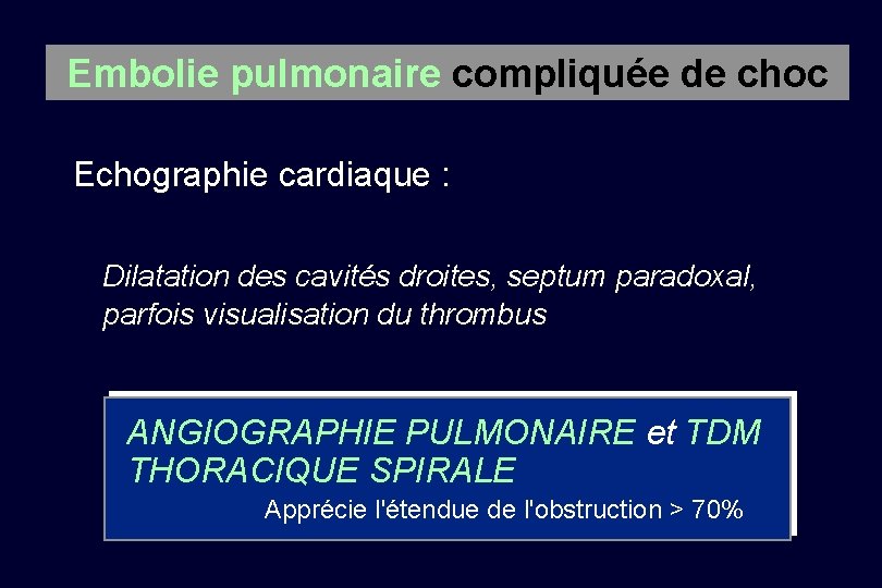 Embolie pulmonaire compliquée de choc Echographie cardiaque : Dilatation des cavités droites, septum paradoxal,