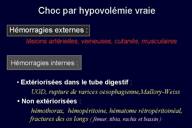 Choc par hypovolémie vraie Hémorragies externes : lésions artérielles, veineuses, cutanés, musculaires Hémorragies internes