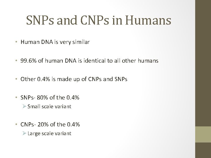 SNPs and CNPs in Humans • Human DNA is very similar • 99. 6%