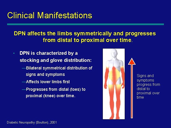 Clinical Manifestations DPN affects the limbs symmetrically and progresses from distal to proximal over