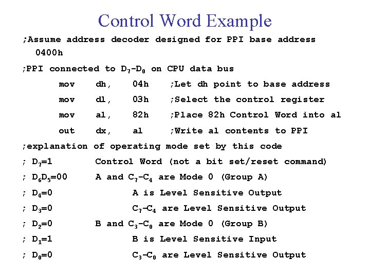 Control Word Example ; Assume address decoder designed for PPI base address 0400 h