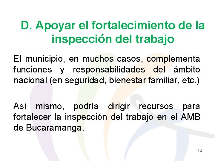 D. Apoyar el fortalecimiento de la inspección del trabajo El municipio, en muchos casos,