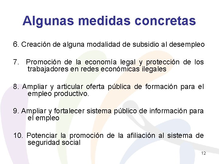 Algunas medidas concretas 6. Creación de alguna modalidad de subsidio al desempleo 7. Promoción