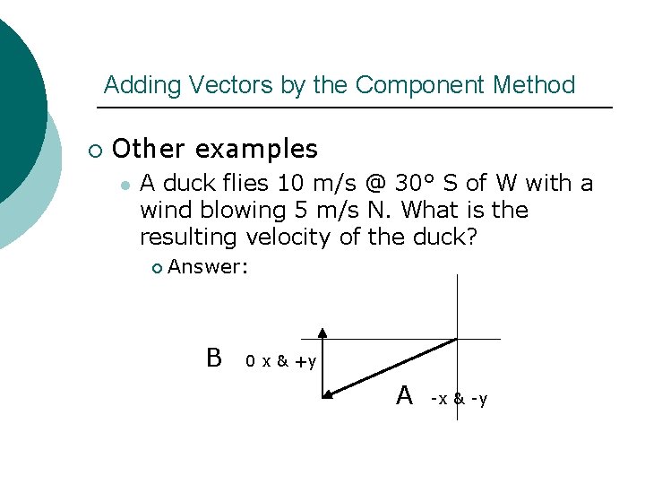 Adding Vectors by the Component Method ¡ Other examples l A duck flies 10