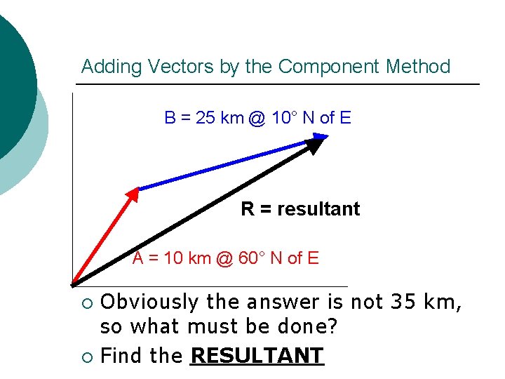 Adding Vectors by the Component Method B = 25 km @ 10° N of