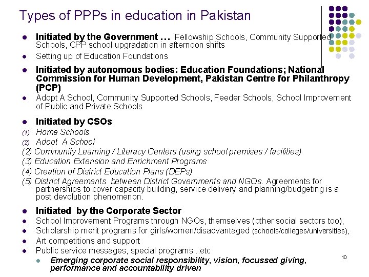 Types of PPPs in education in Pakistan l l Initiated by the Government …