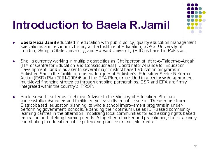 Introduction to Baela R. Jamil l Baela Raza Jamil educated in education with public