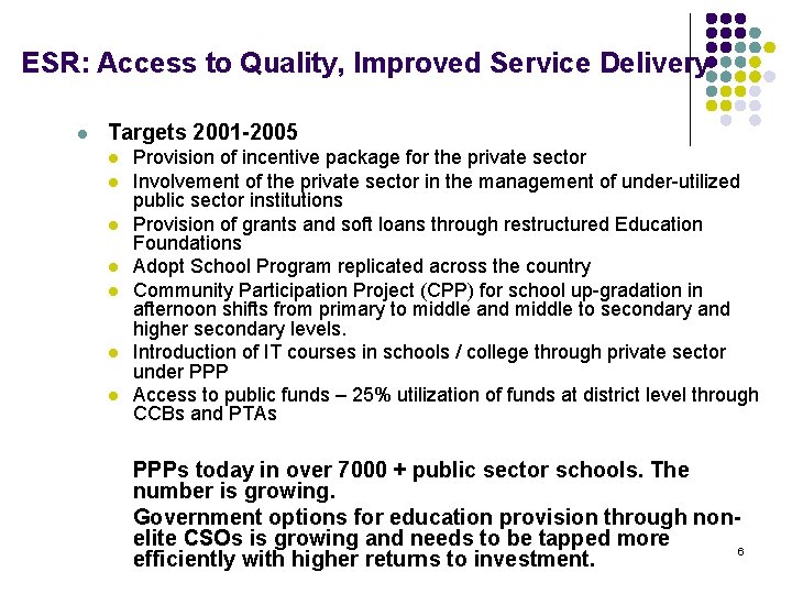 ESR: Access to Quality, Improved Service Delivery l Targets 2001 -2005 l l l