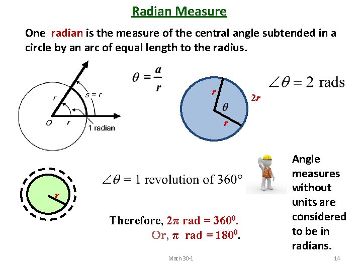 Radian Measure One radian is the measure of the central angle subtended in a