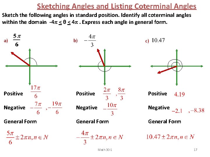 Sketching Angles and Listing Coterminal Angles Sketch the following angles in standard position. Identify