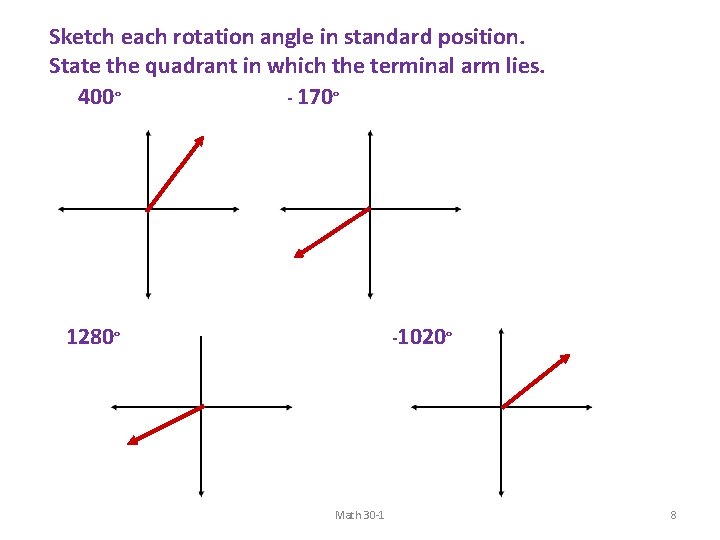 Sketch each rotation angle in standard position. State the quadrant in which the terminal