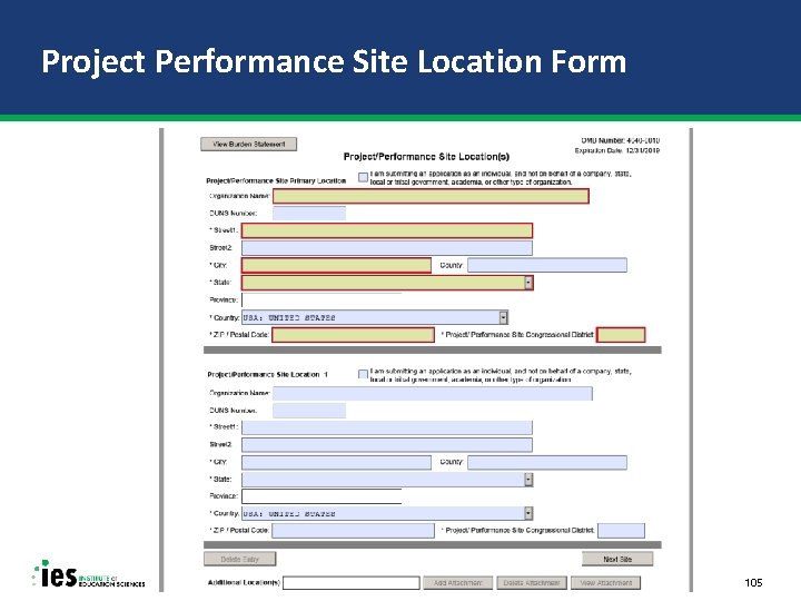 Project Performance Site Location Form 105 