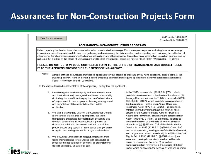 Assurances for Non-Construction Projects Form 106 