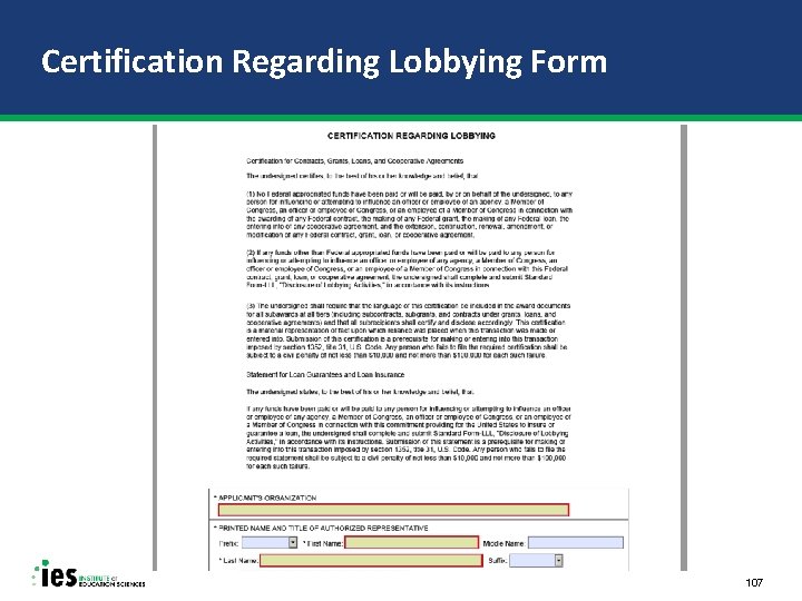 Certification Regarding Lobbying Form 107 