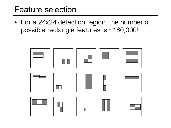 Feature selection • For a 24 x 24 detection region, the number of possible