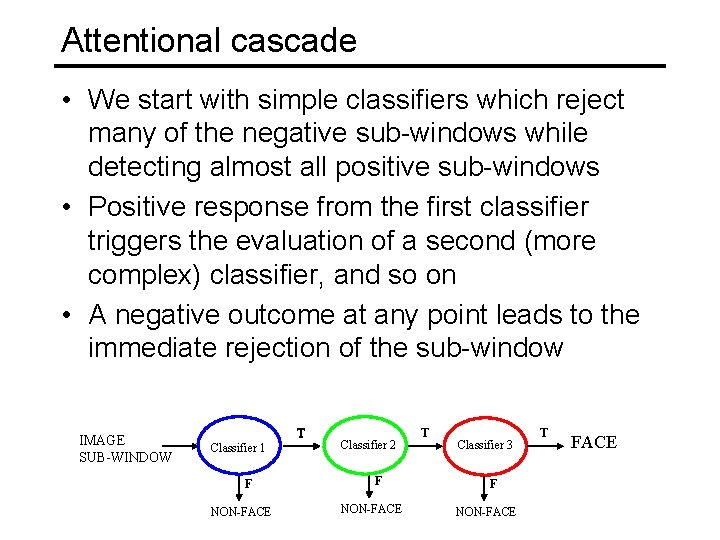 Attentional cascade • We start with simple classifiers which reject many of the negative